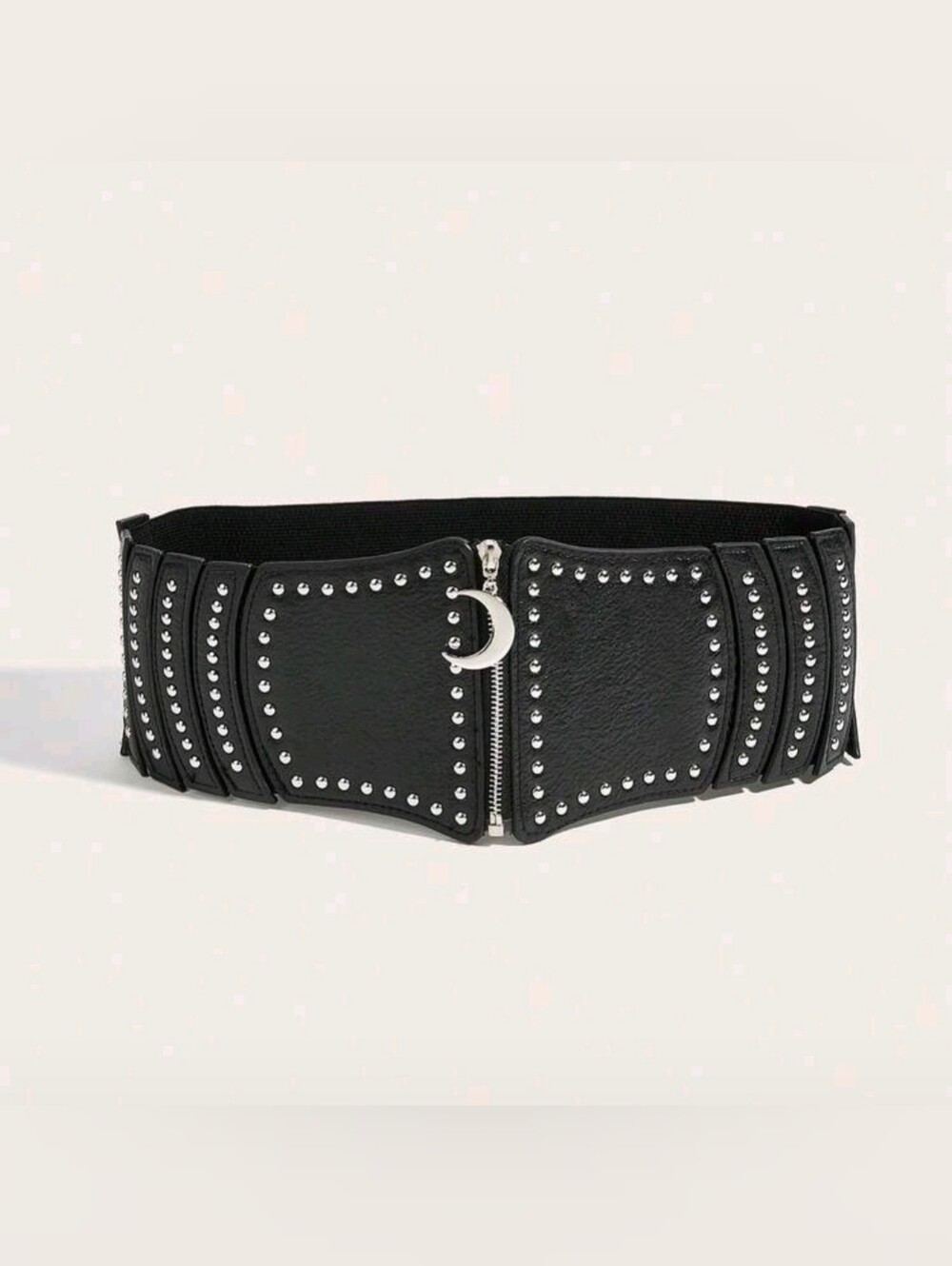 Studded Black Faux Leather Elastic Back Wide Waist Belt with Crescent Moon Zip